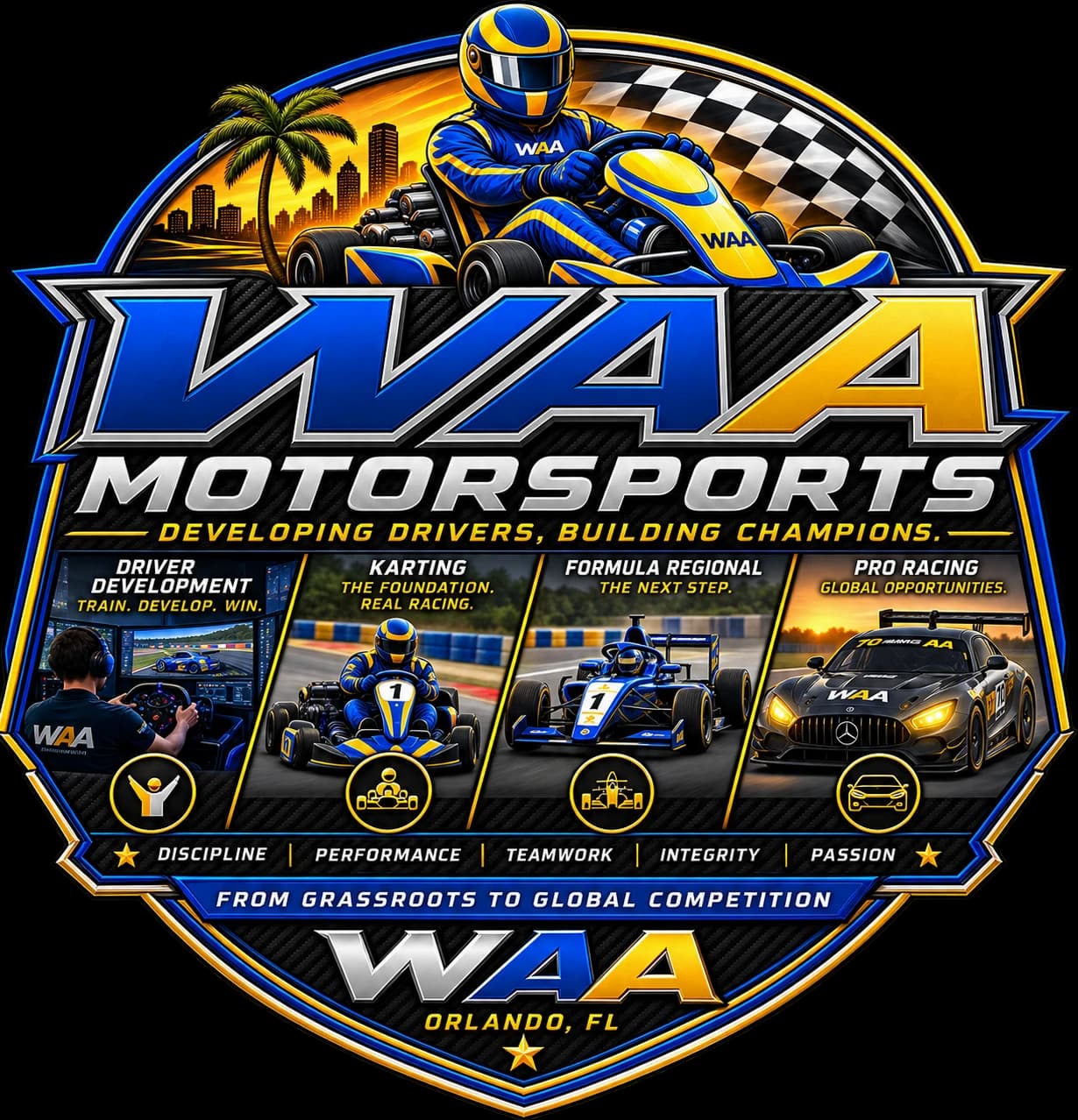 WAA Motorsports emblem: Developing drivers, building champions. Driver development, karting, Formula Regional and pro racing, from grassroots to global competition. Orlando, Florida.